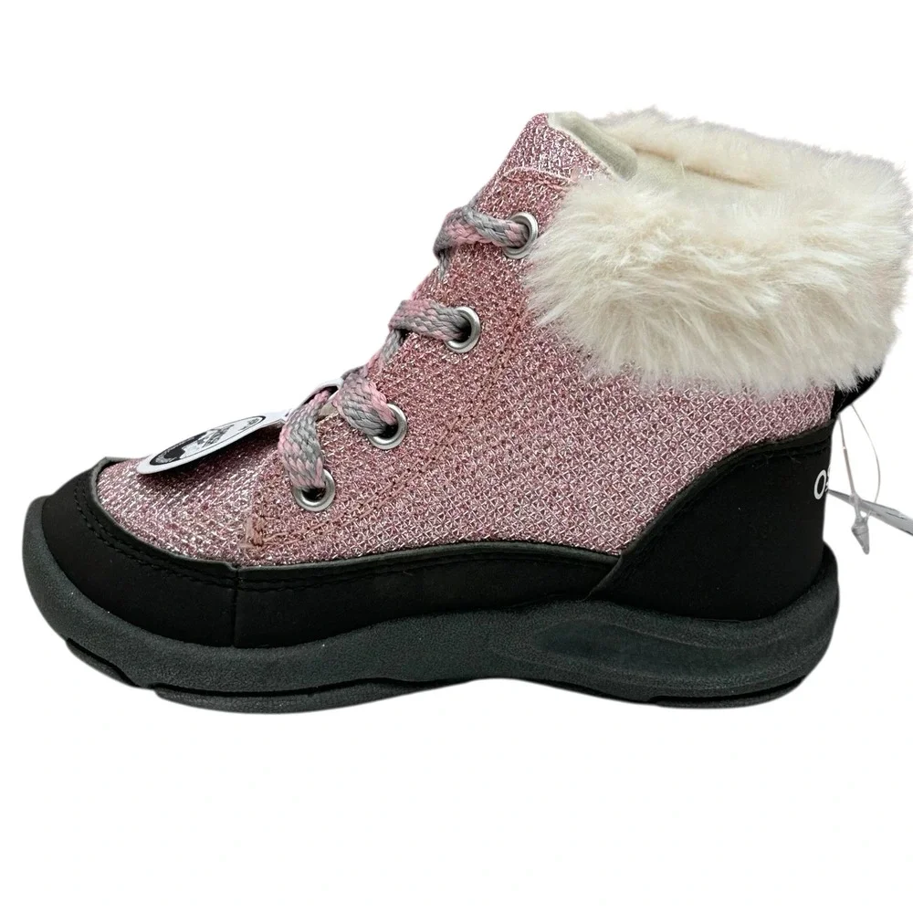 OshKosh BGosh‎ Toddler Girls Ankle Winter Boots Size 10 Pink Black Faux Fur Trim